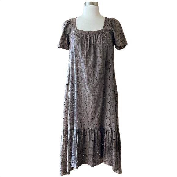 CLAUDE TULUM Taupe Eyelet Midi Dress Taupe Short Sleeves Square Neck Small NEW - Picture 1 of 12